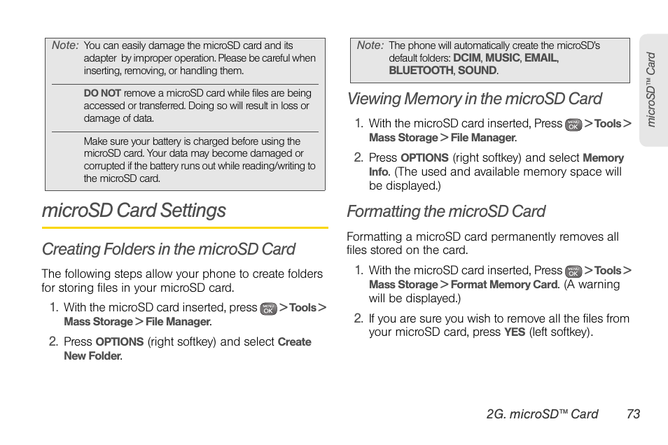 Microsd card settings, Creating folders in the microsd card, Viewing memory in the microsd card | Formatting the microsd card | Sprint Nextel LG Remarq UG_9a_070709 User Manual | Page 83 / 143