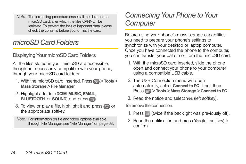 Microsd card folders, Connecting your phone to your computer | Sprint Nextel LG Remarq UG_9a_070709 User Manual | Page 84 / 143