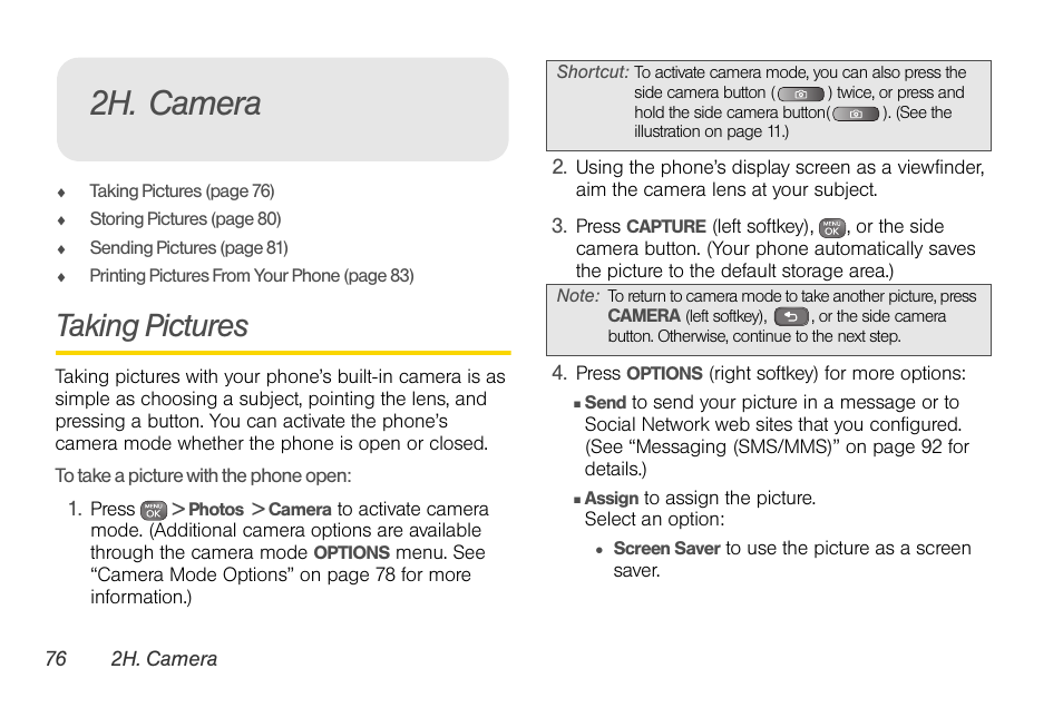 2h. camera, Taking pictures | Sprint Nextel LG Remarq UG_9a_070709 User Manual | Page 86 / 143