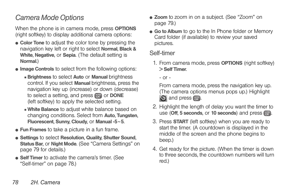 Camera mode options, Self-timer | Sprint Nextel LG Remarq UG_9a_070709 User Manual | Page 88 / 143