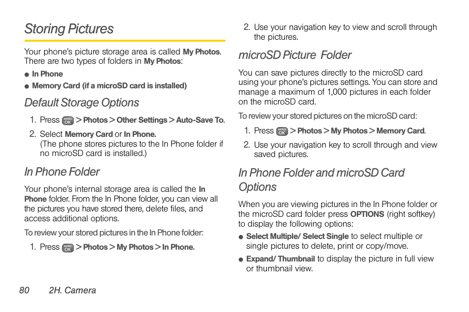 Storing pictures, Default storage options, In phone folder | Microsd picture folder, In phone folder and microsd card options | Sprint Nextel LG Remarq UG_9a_070709 User Manual | Page 90 / 143