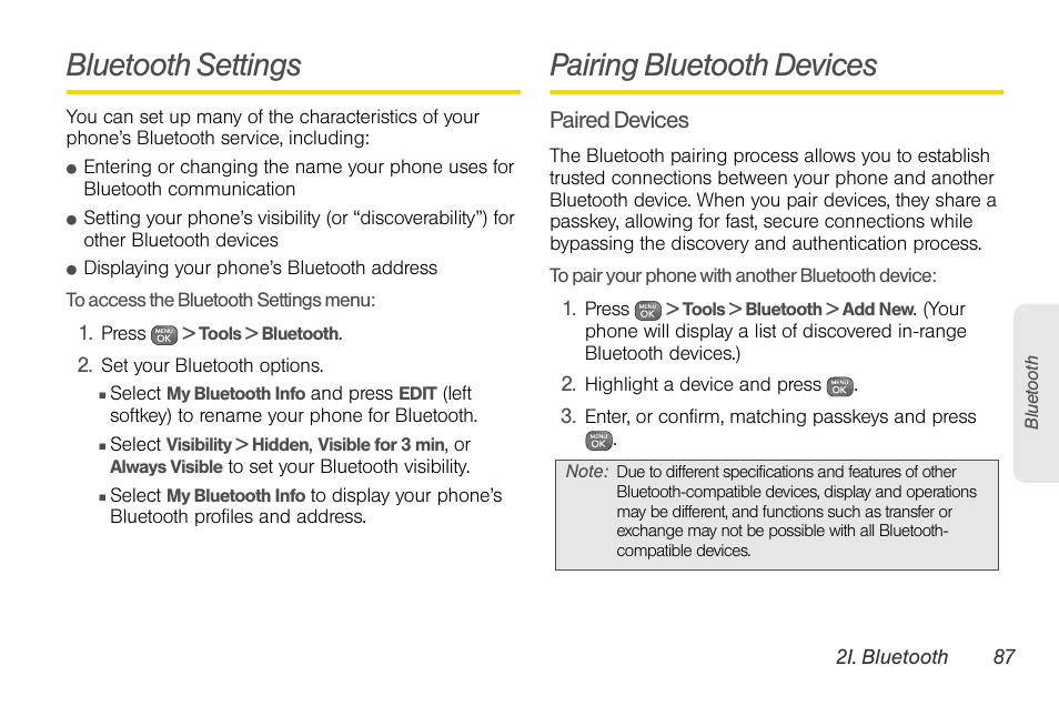 Bluetooth settings, Pairing bluetooth devices | Sprint Nextel LG Remarq UG_9a_070709 User Manual | Page 97 / 143