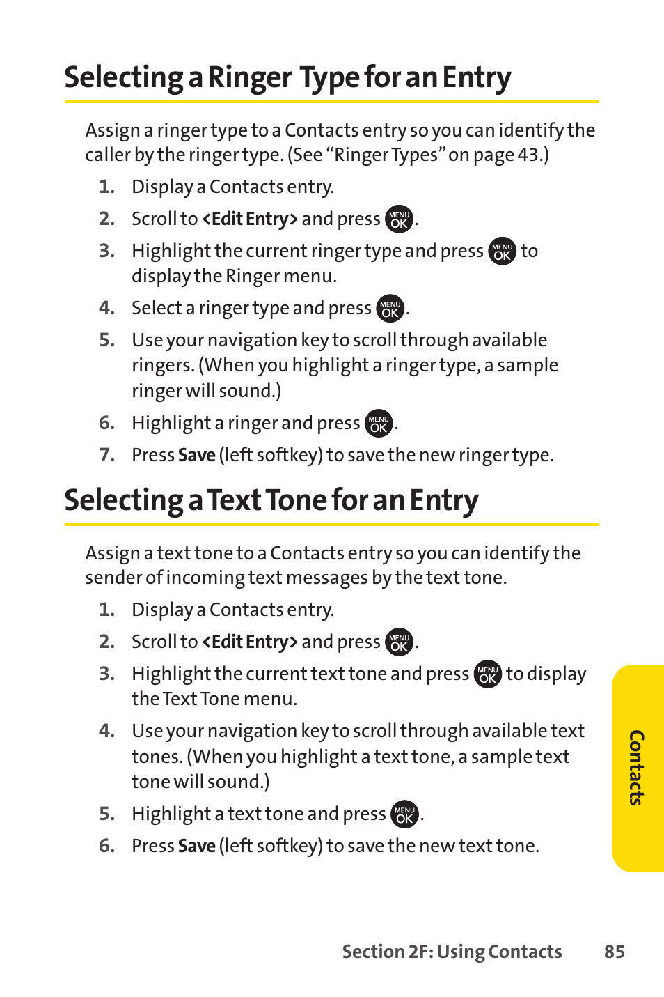 Selecting a ringer type for, Selecting a text tone for an, Selecting a ringer type for an entry | Selecting a texttone for an entry | Sprint Nextel H 11/07 User Manual | Page 102 / 219