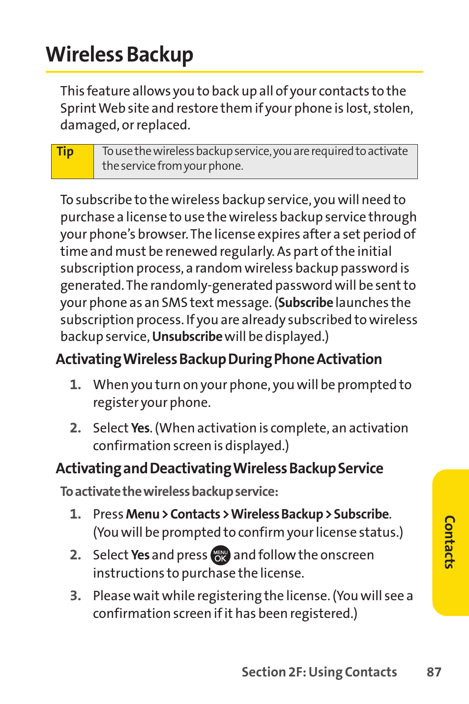 Wireless backup | Sprint Nextel H 11/07 User Manual | Page 104 / 219