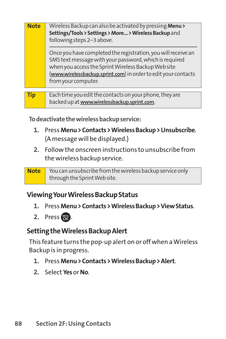 Viewing your wireless backup status, Setting the wireless backup alert | Sprint Nextel H 11/07 User Manual | Page 105 / 219