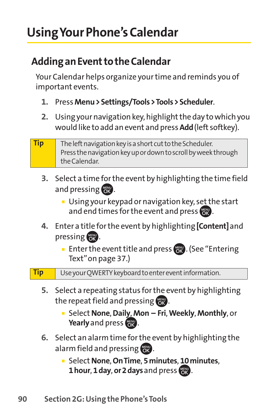 Using your phone’s calendar, Adding an event to the calendar | Sprint Nextel H 11/07 User Manual | Page 107 / 219