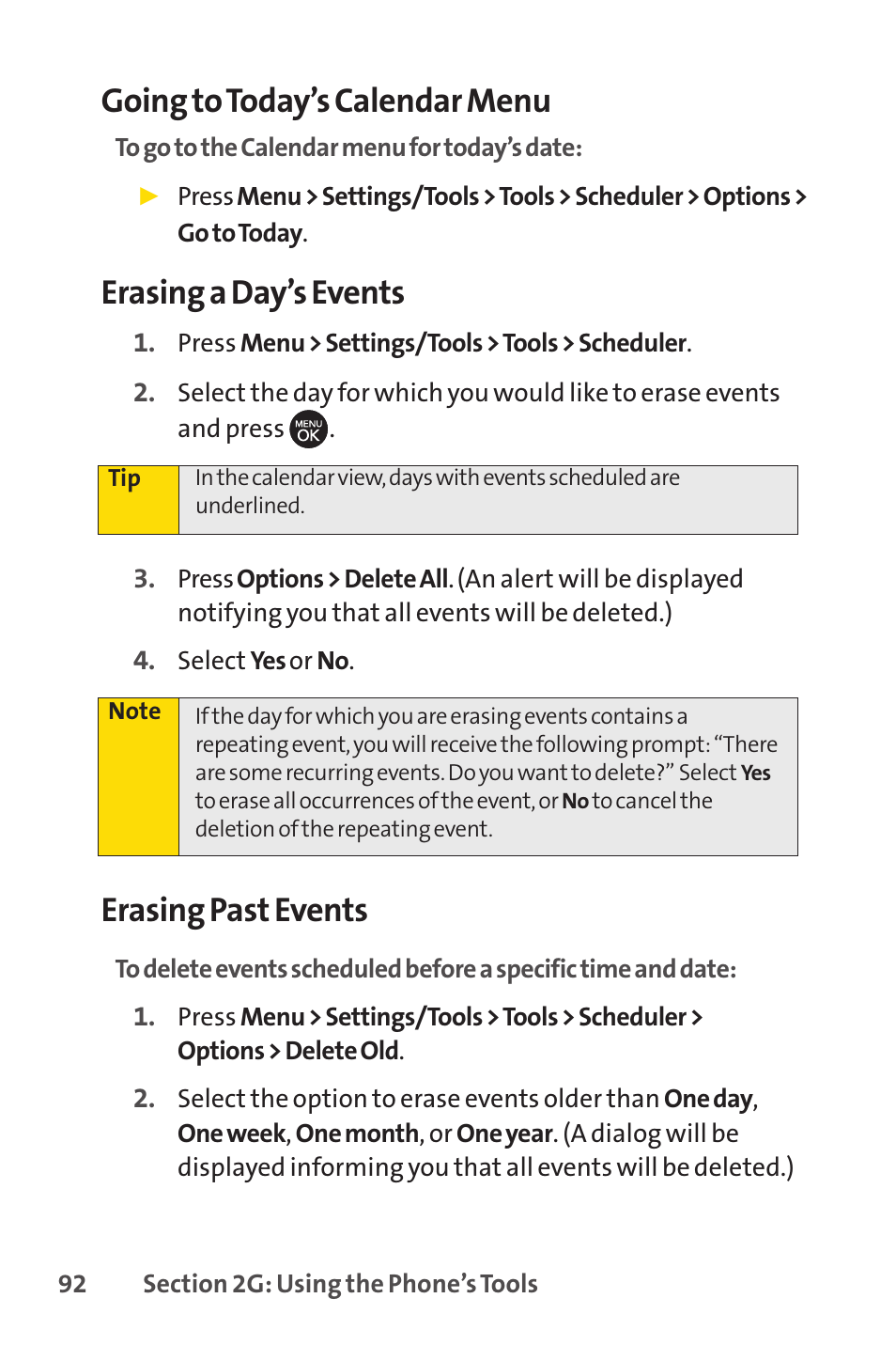 Going to today’s calendar menu, Erasing a day’s events, Erasing past events | Sprint Nextel H 11/07 User Manual | Page 109 / 219