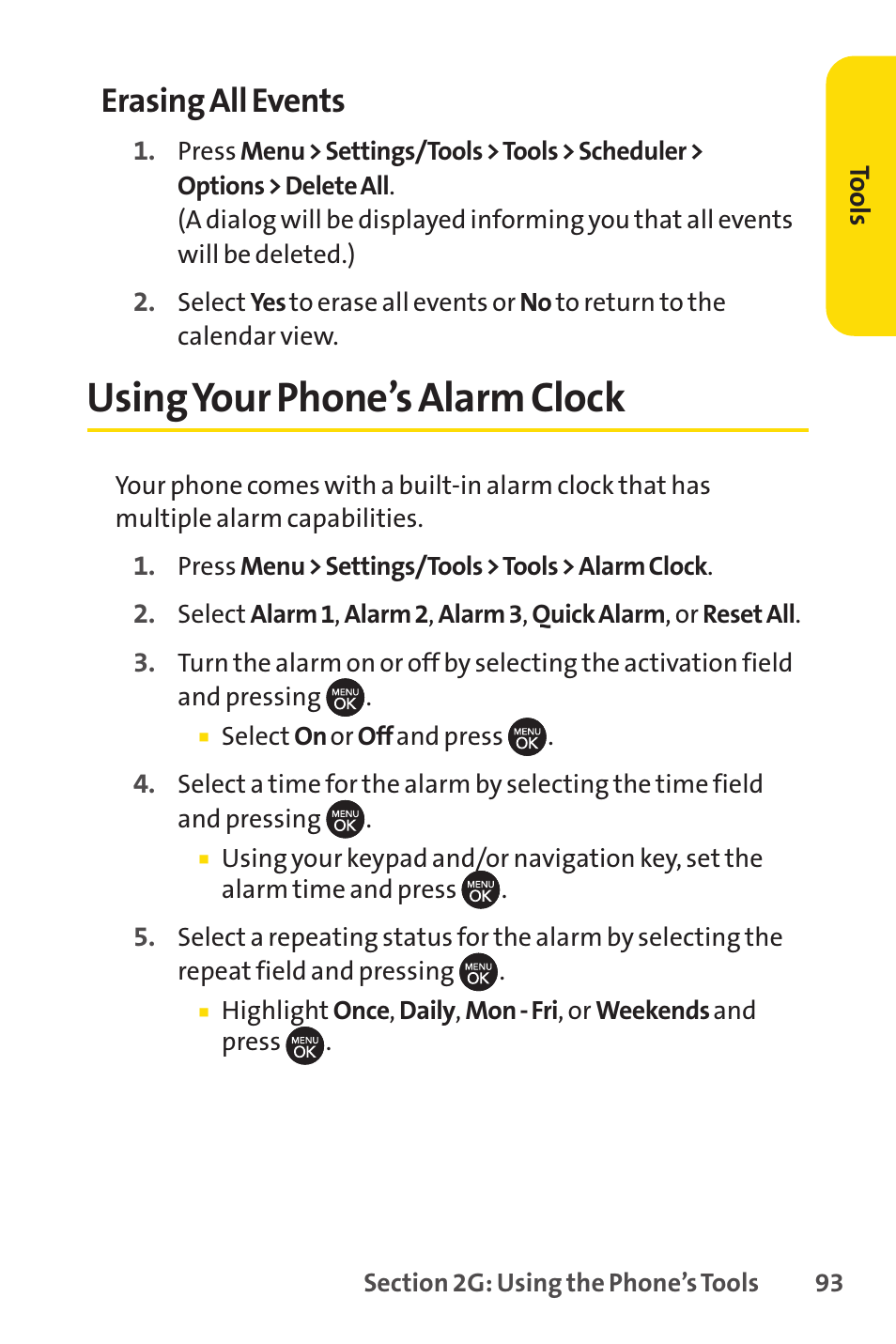 Using your phone’s alarm clock, Erasing all events | Sprint Nextel H 11/07 User Manual | Page 110 / 219