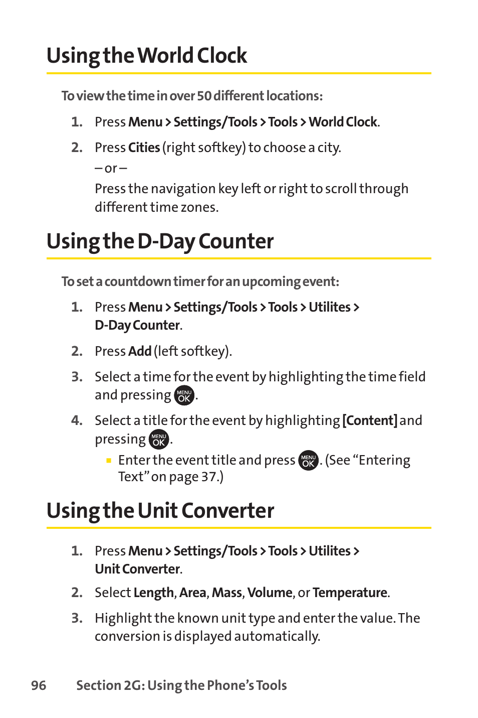 Using the world clock, Using the d-day counter, Using the unit converter | Sprint Nextel H 11/07 User Manual | Page 113 / 219