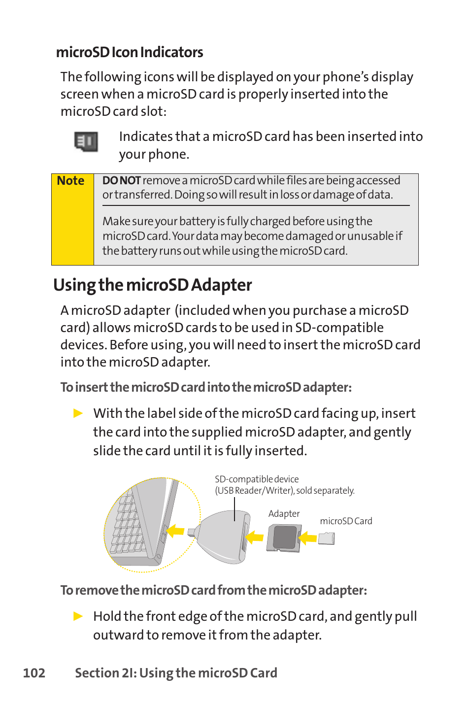 Using the microsd adapter, Microsd icon indicators | Sprint Nextel H 11/07 User Manual | Page 119 / 219