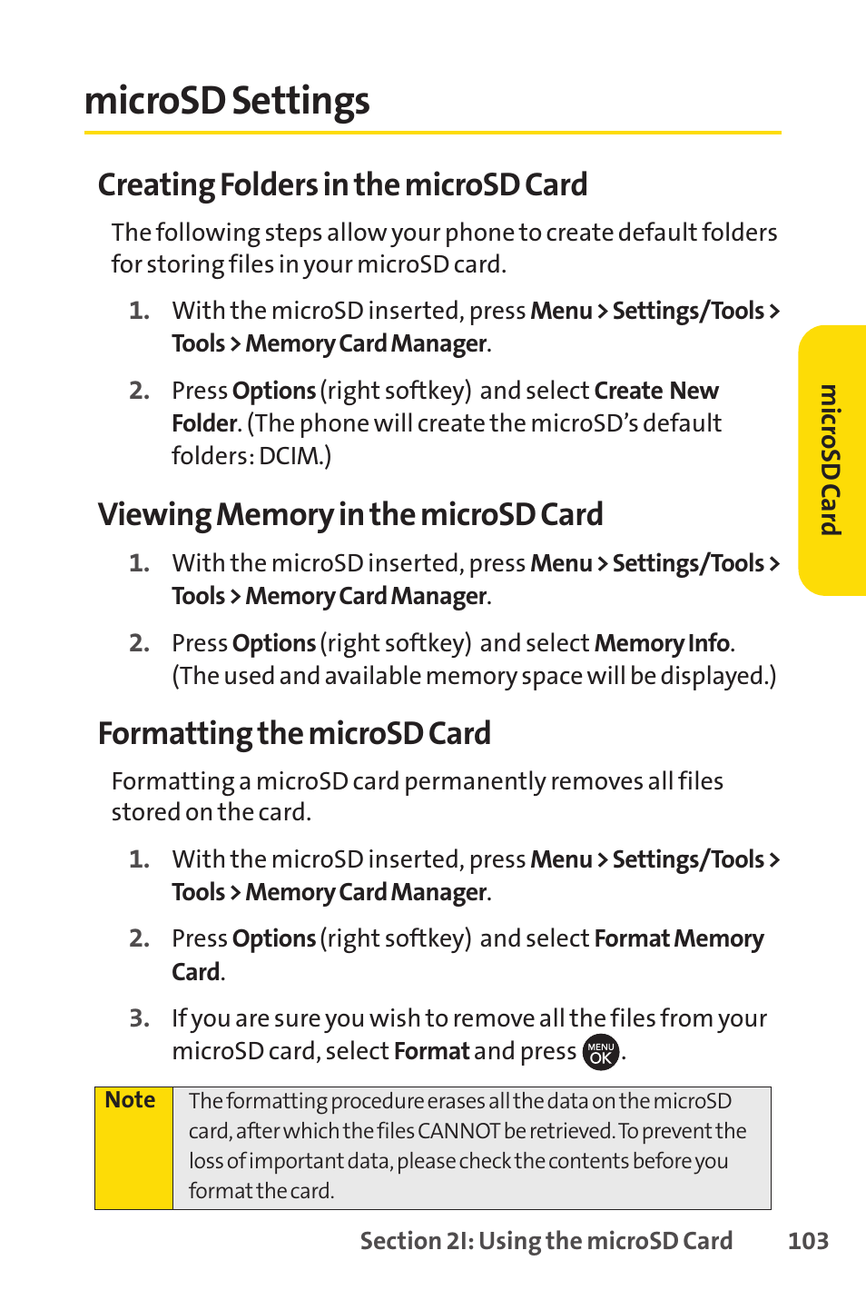 Microsd settings, Creating folders in the microsd card, Formatting the microsd card | Sprint Nextel H 11/07 User Manual | Page 120 / 219