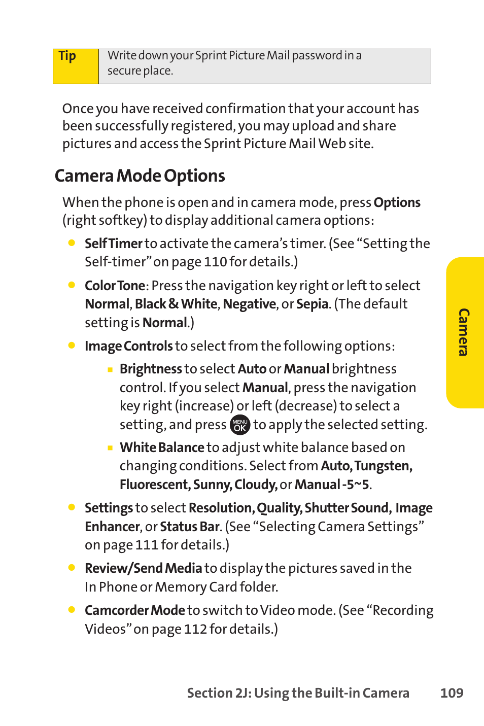 Camera mode options, Ca m er a | Sprint Nextel H 11/07 User Manual | Page 126 / 219