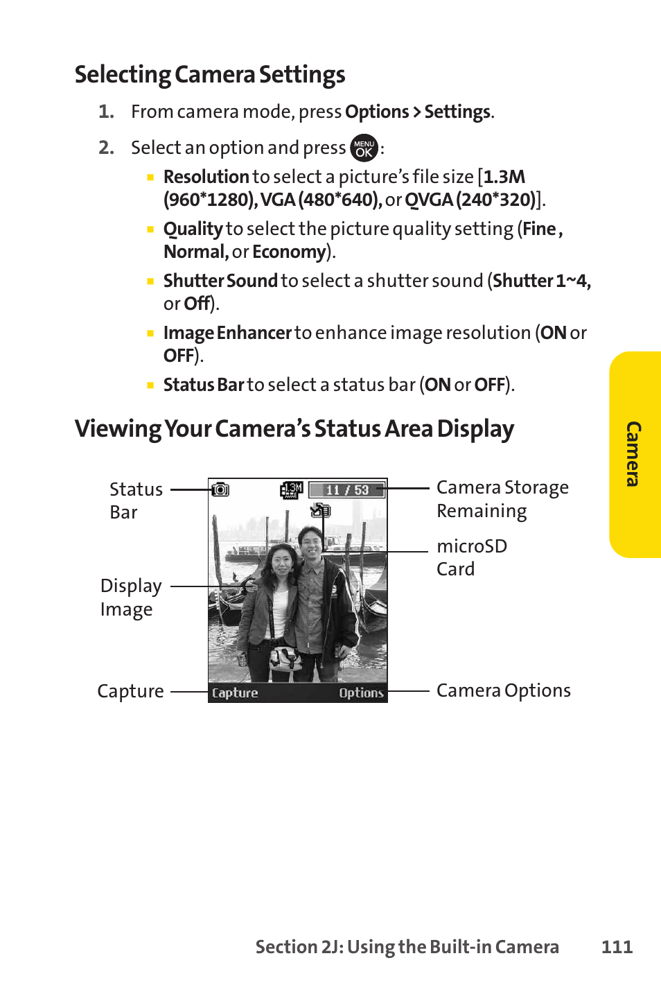 Selecting camera settings, Viewing your camera’s status area display | Sprint Nextel H 11/07 User Manual | Page 128 / 219