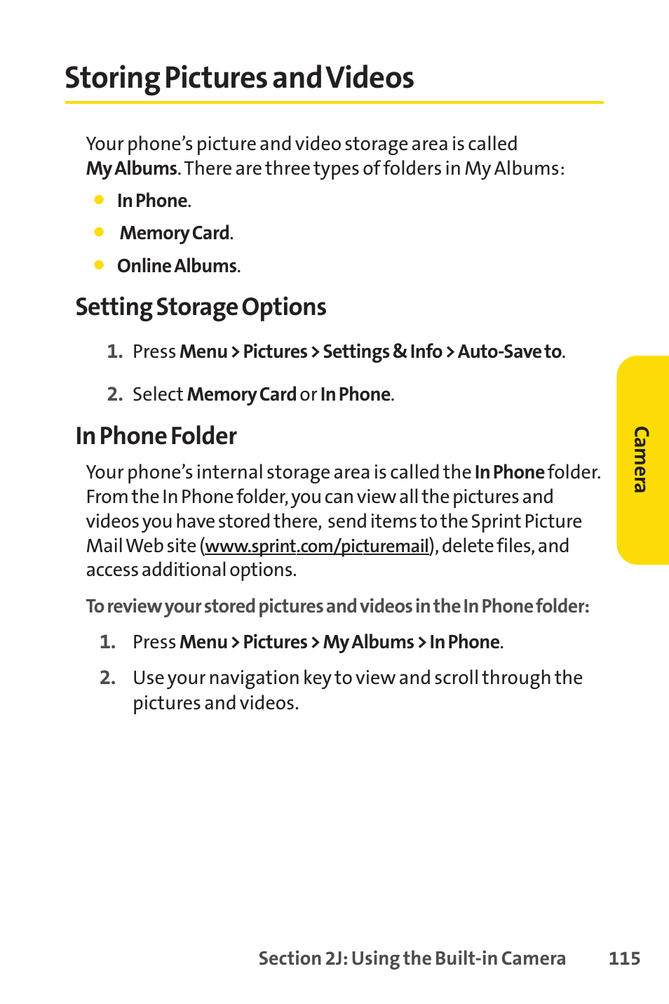 Storing pictures and videos, Setting storage options | Sprint Nextel H 11/07 User Manual | Page 132 / 219