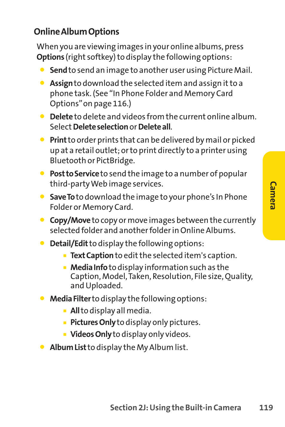 Online album options, Ca m er a | Sprint Nextel H 11/07 User Manual | Page 136 / 219