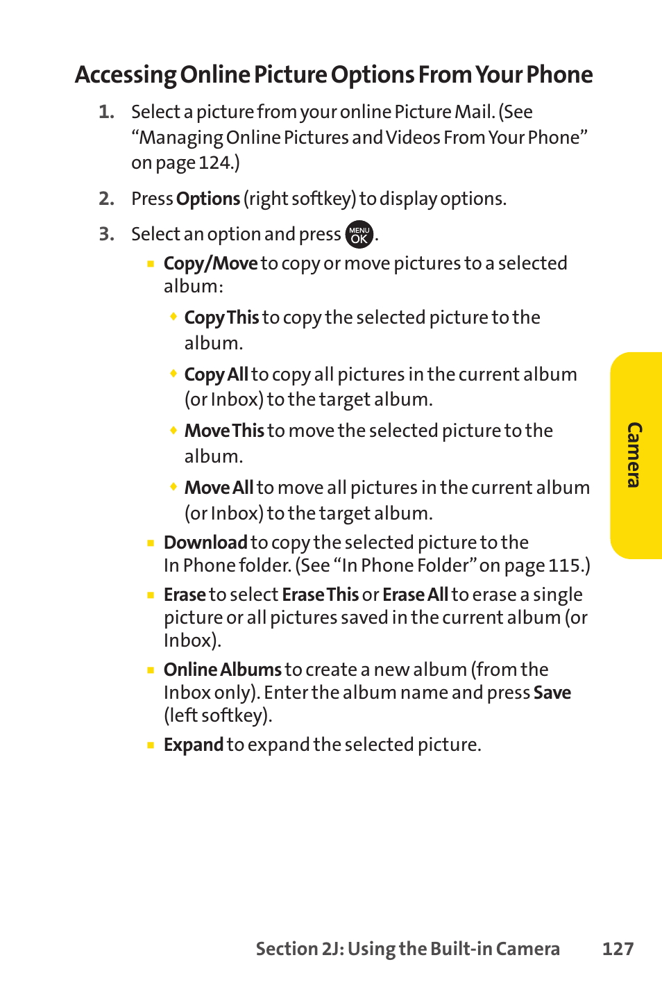 Accessing online picture options from your phone, Ca m er a | Sprint Nextel H 11/07 User Manual | Page 144 / 219