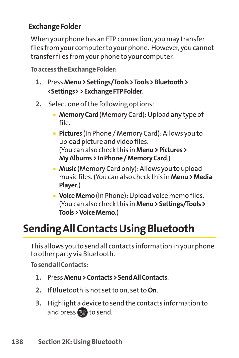 Sending all contacts using b, Sending all contacts using bluetooth | Sprint Nextel H 11/07 User Manual | Page 155 / 219