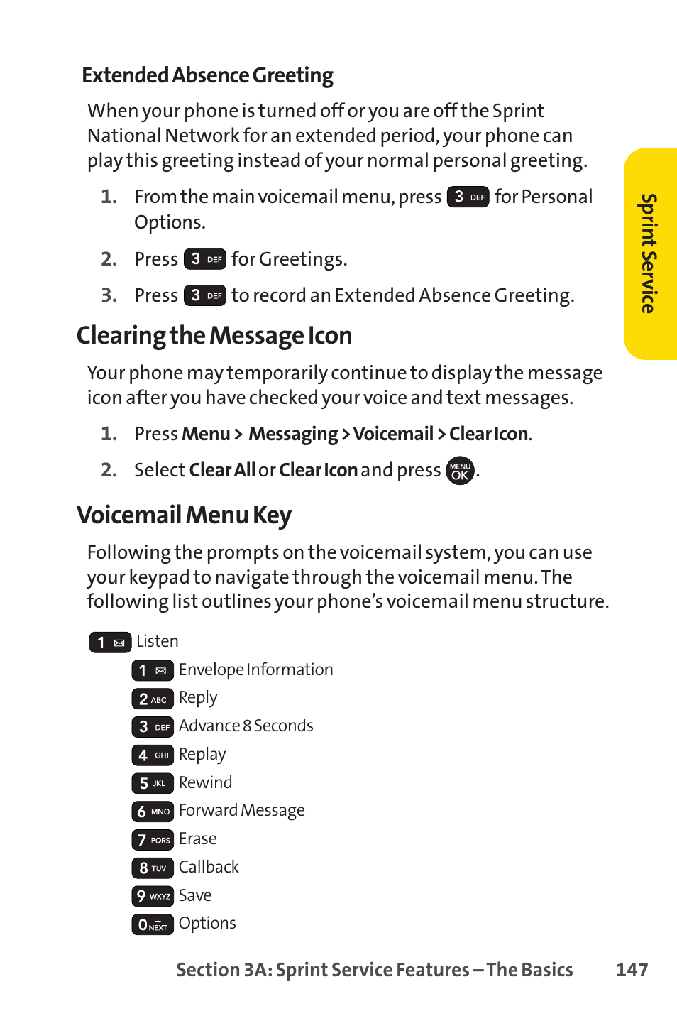 Clearing the message icon, Voicemail menu key | Sprint Nextel H 11/07 User Manual | Page 164 / 219