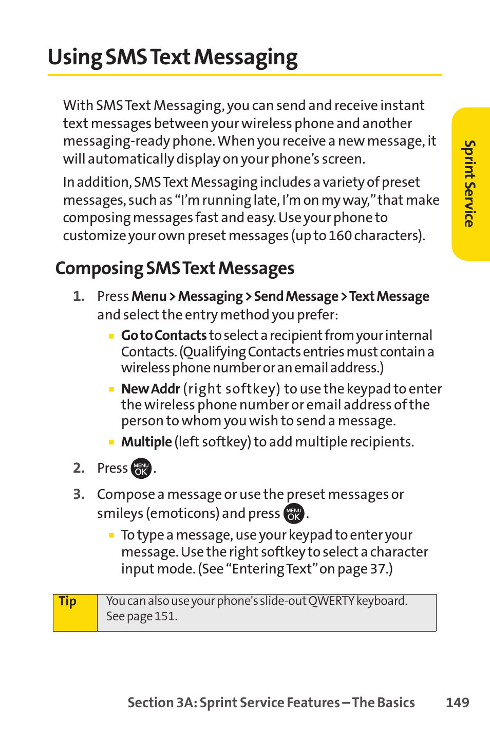 Using sms text messaging, Composing sms text messages | Sprint Nextel H 11/07 User Manual | Page 166 / 219