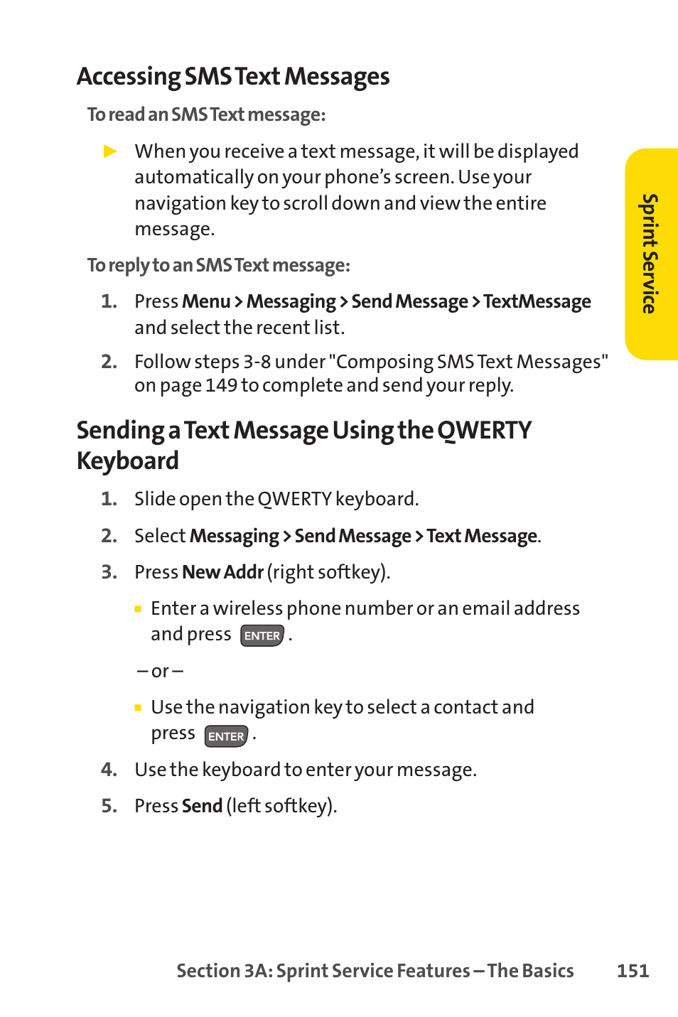 Accessing sms text messages, Sending a text message using the qwerty keyboard | Sprint Nextel H 11/07 User Manual | Page 168 / 219