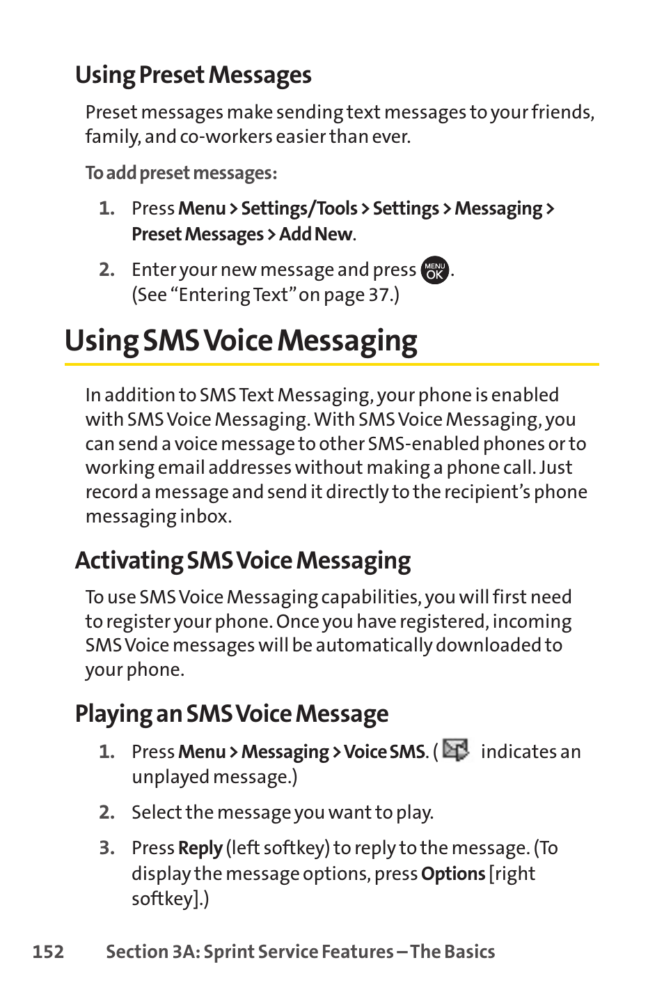 Using sms voice messaging, Using preset messages, Activating sms voice messaging | Playing an sms voice message | Sprint Nextel H 11/07 User Manual | Page 169 / 219