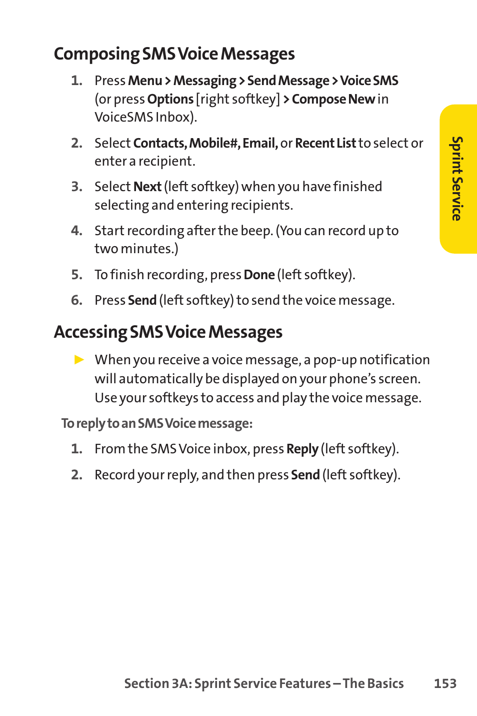 Composing sms voice messages, Accessing sms voice messages | Sprint Nextel H 11/07 User Manual | Page 170 / 219