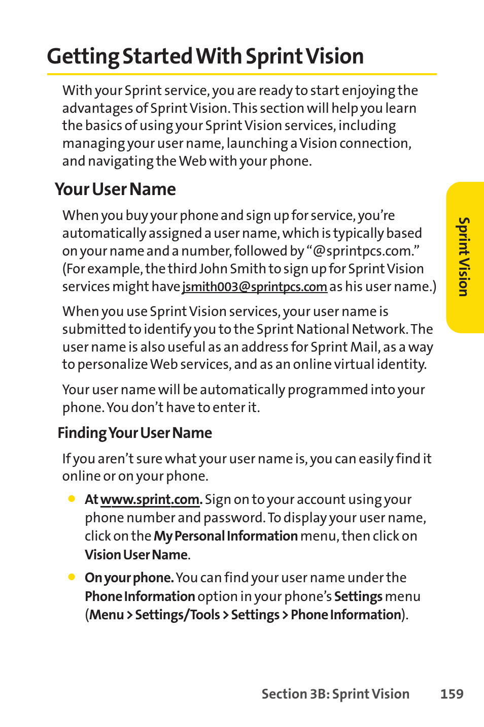 Getting started with sprint, Getting started with sprint vision, Getting startedwith sprintvision | Your user name | Sprint Nextel H 11/07 User Manual | Page 176 / 219