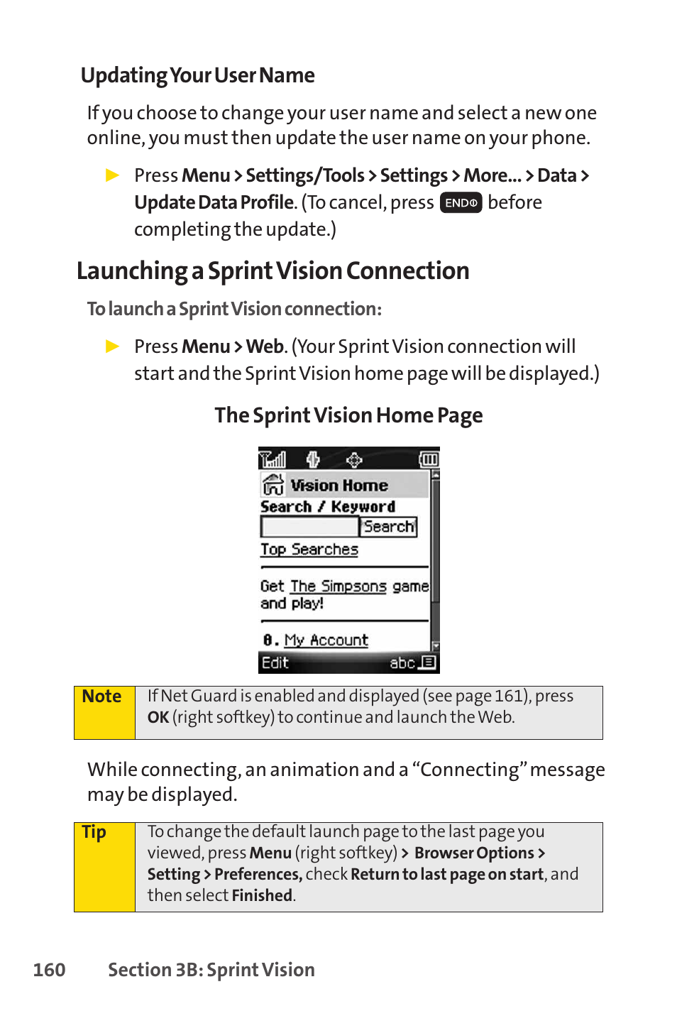 Launching a sprintvision connection, Updating your user name, The sprint vision home page | Sprint Nextel H 11/07 User Manual | Page 177 / 219