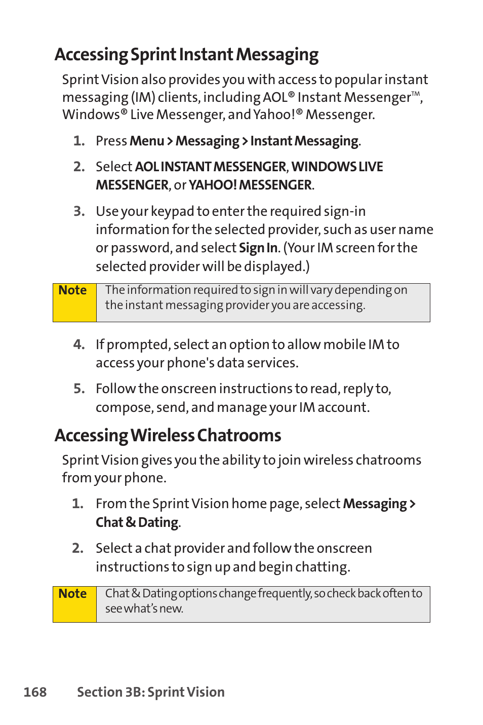 Accessing sprint instant messaging, Accessing wireless chatrooms | Sprint Nextel H 11/07 User Manual | Page 185 / 219