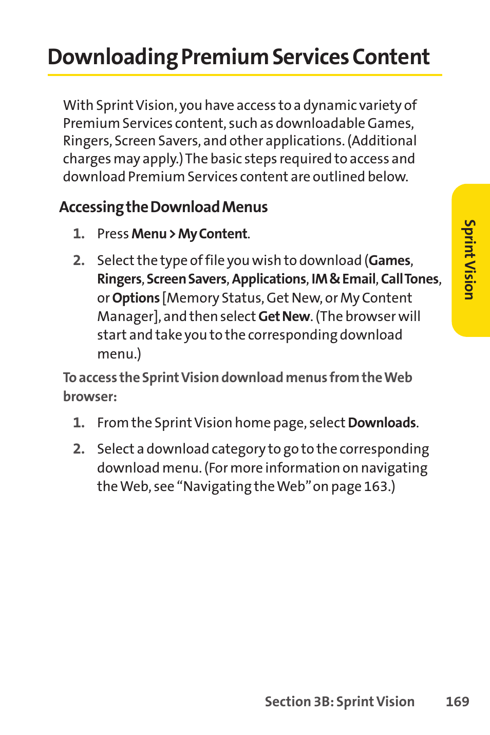 Downloading premium services, Downloading premium services content | Sprint Nextel H 11/07 User Manual | Page 186 / 219