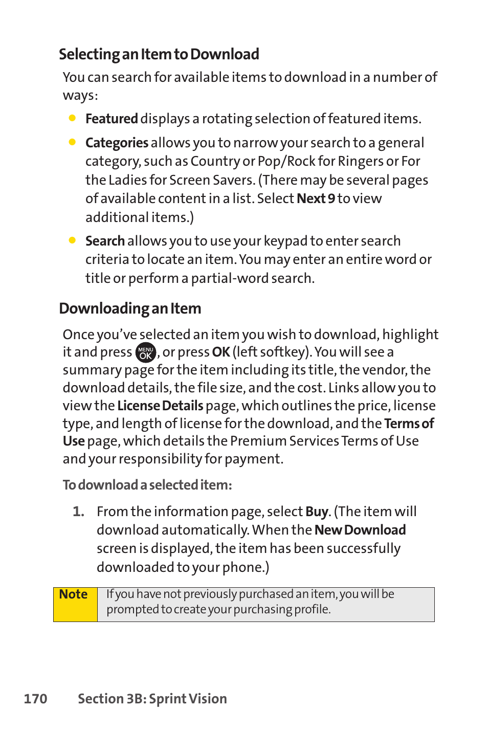 Selecting an item to download, Downloading an item | Sprint Nextel H 11/07 User Manual | Page 187 / 219