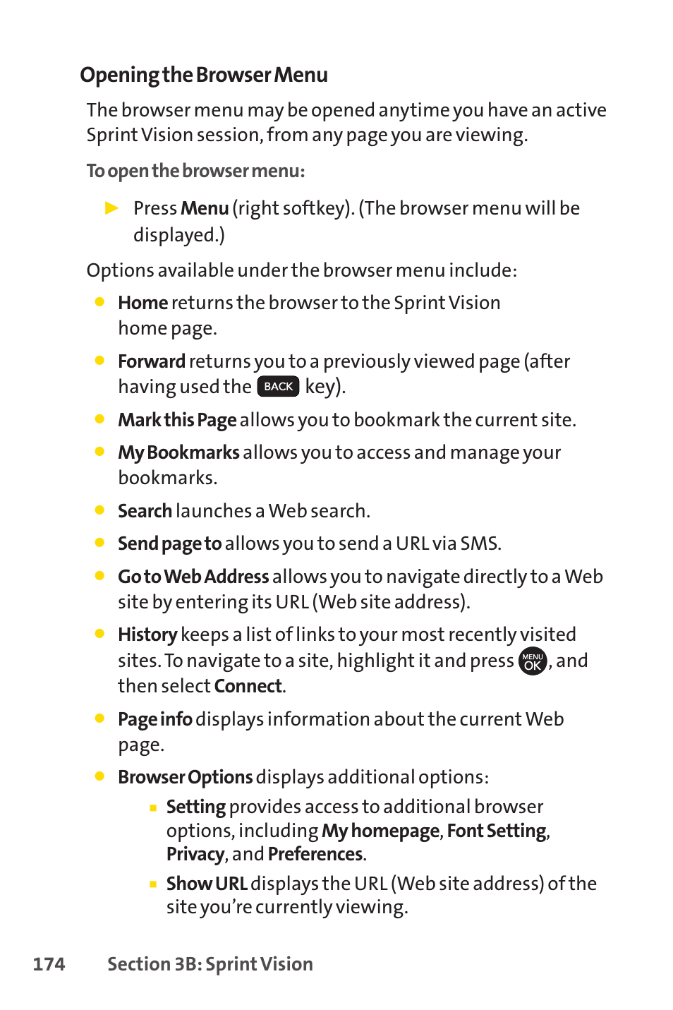 Opening the browser menu, Key) | Sprint Nextel H 11/07 User Manual | Page 191 / 219