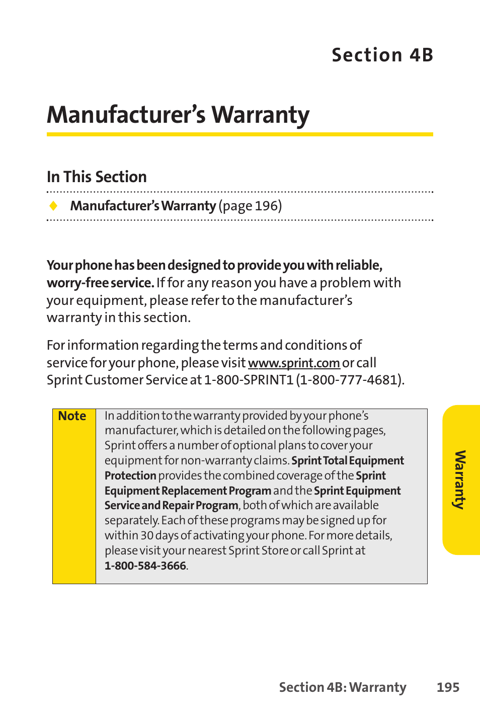 Manufacturer’s warranty | Sprint Nextel H 11/07 User Manual | Page 212 / 219