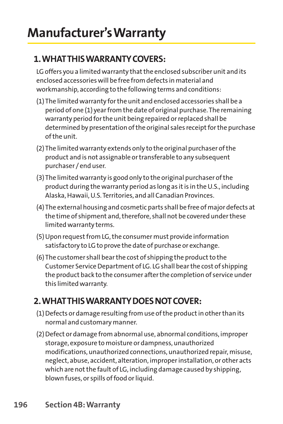 Manufacturer’s warranty, What this warranty covers, Whatthis warranty does not cover | Sprint Nextel H 11/07 User Manual | Page 213 / 219