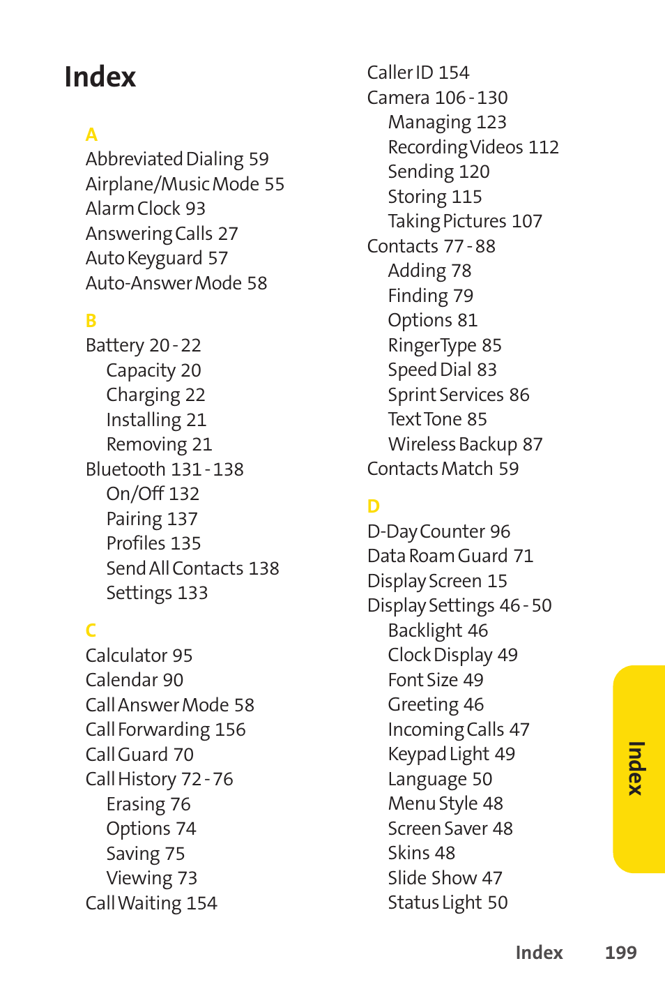 Index | Sprint Nextel H 11/07 User Manual | Page 216 / 219