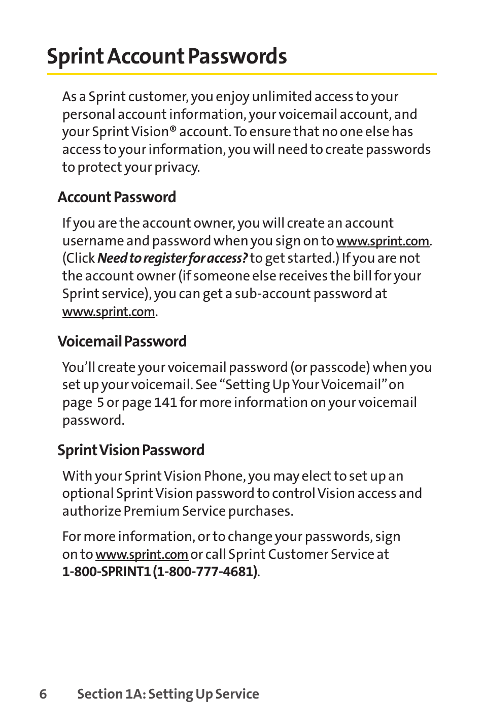 Sprint account passwords | Sprint Nextel H 11/07 User Manual | Page 23 / 219
