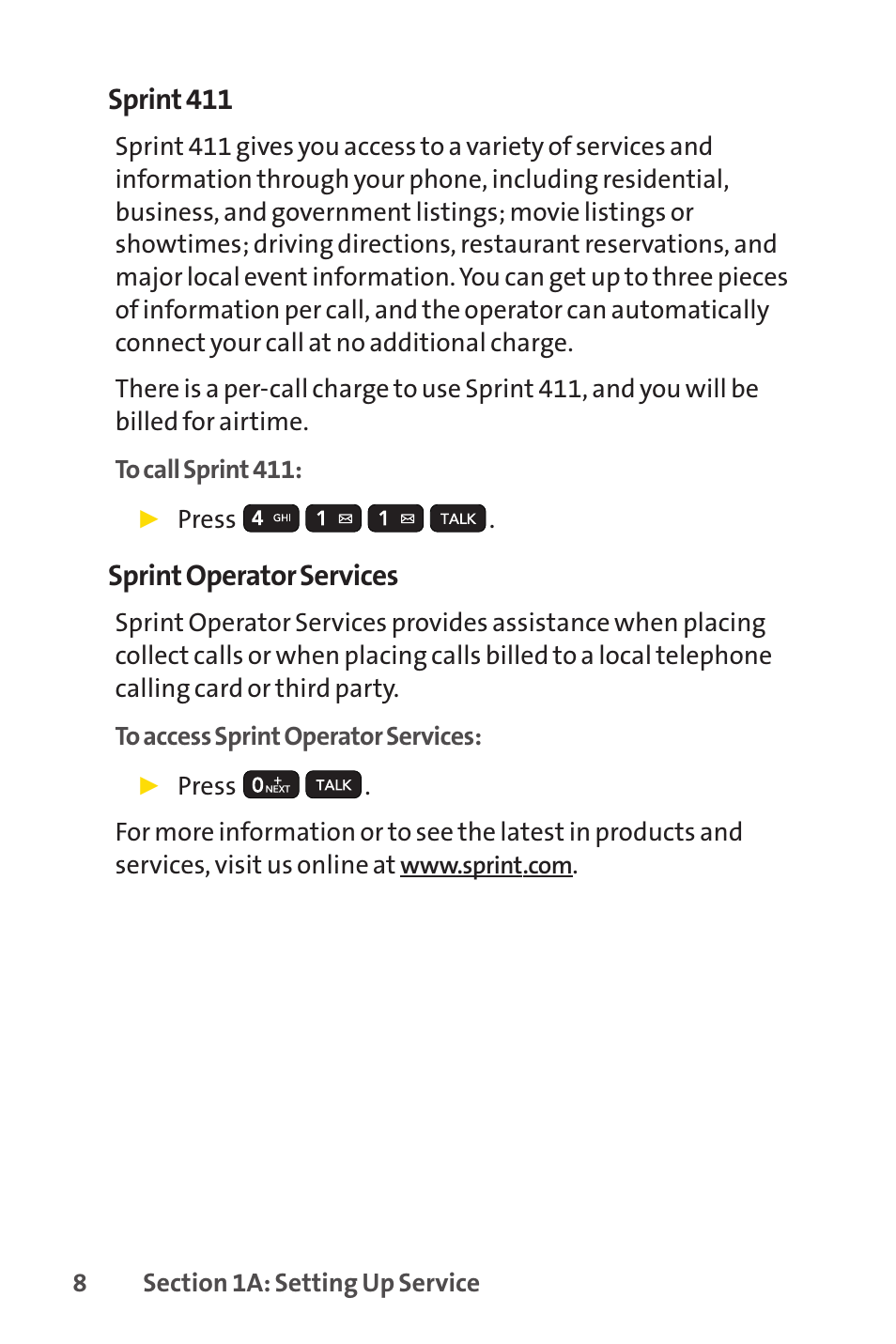 Sprint 411, Sprint operator services | Sprint Nextel H 11/07 User Manual | Page 25 / 219