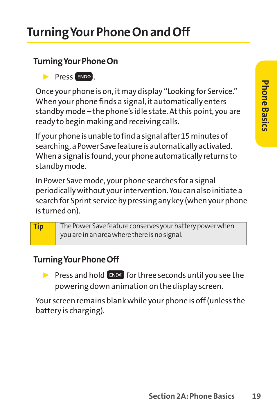 Turning your phone on and off, Ph on e b as ics | Sprint Nextel H 11/07 User Manual | Page 36 / 219