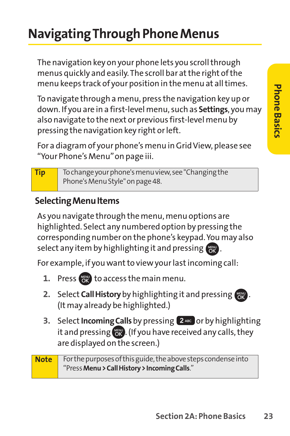 Navigating through phone menus, Ph on e b as ics | Sprint Nextel H 11/07 User Manual | Page 40 / 219