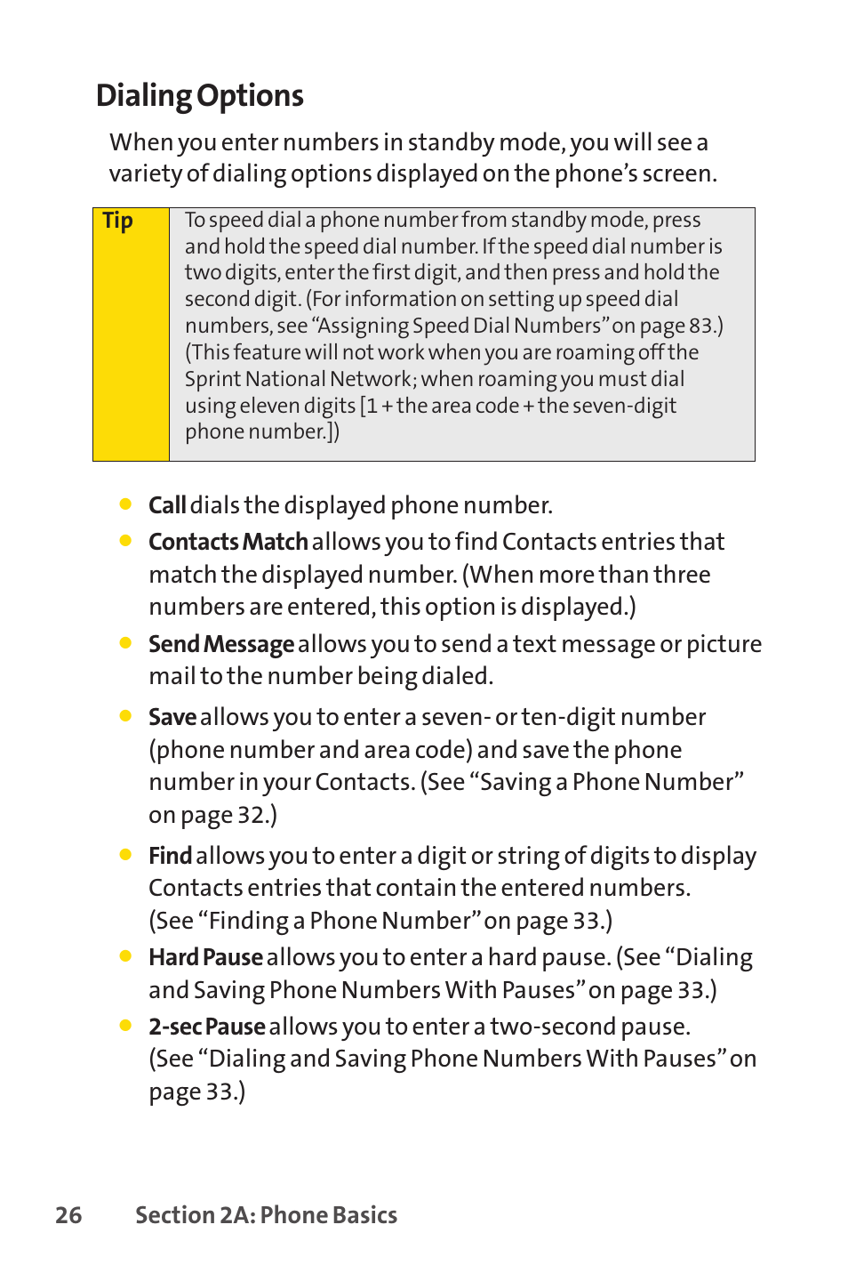 Dialing options | Sprint Nextel H 11/07 User Manual | Page 43 / 219