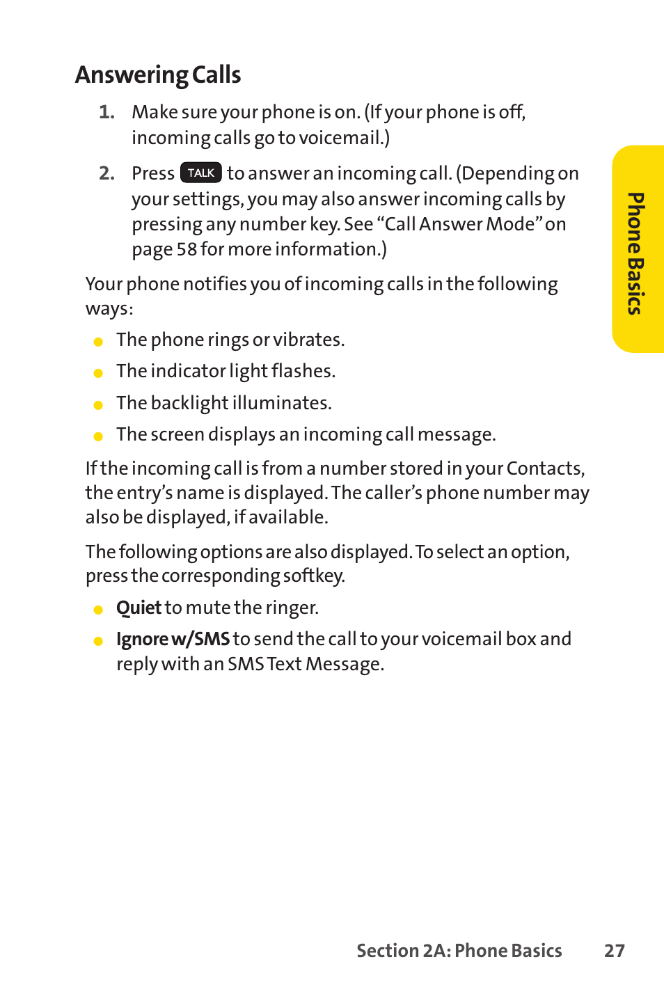 Answering calls, Ph on e b as ics | Sprint Nextel H 11/07 User Manual | Page 44 / 219