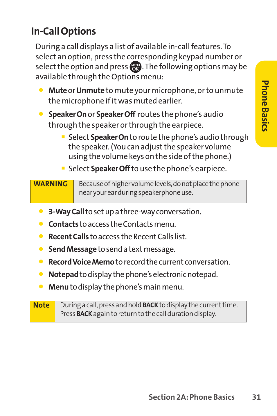 In-call options, Ph on e b as ics | Sprint Nextel H 11/07 User Manual | Page 48 / 219
