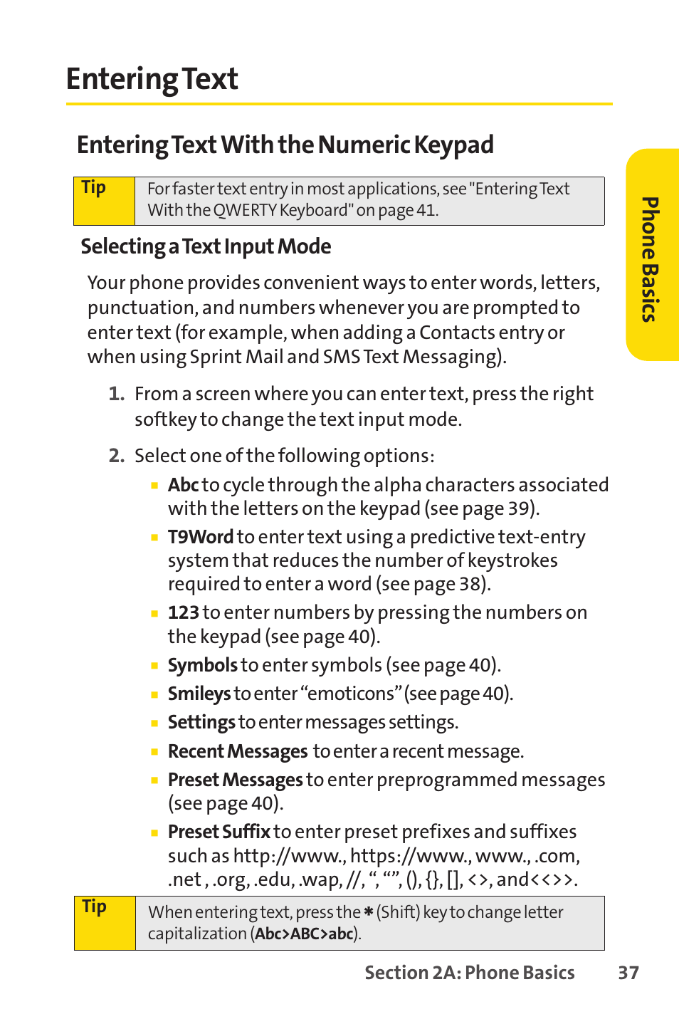 Entering text, Entering textwith the numeric keypad, Ph on e b as ics | Selecting a text input mode | Sprint Nextel H 11/07 User Manual | Page 54 / 219