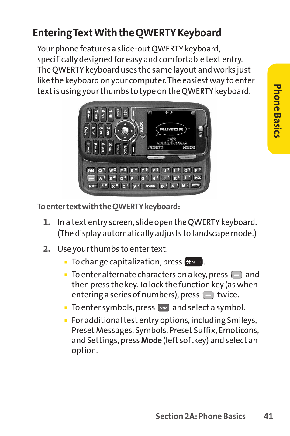 Entering textwith the qwerty keyboard, Ph on e b as ics | Sprint Nextel H 11/07 User Manual | Page 58 / 219