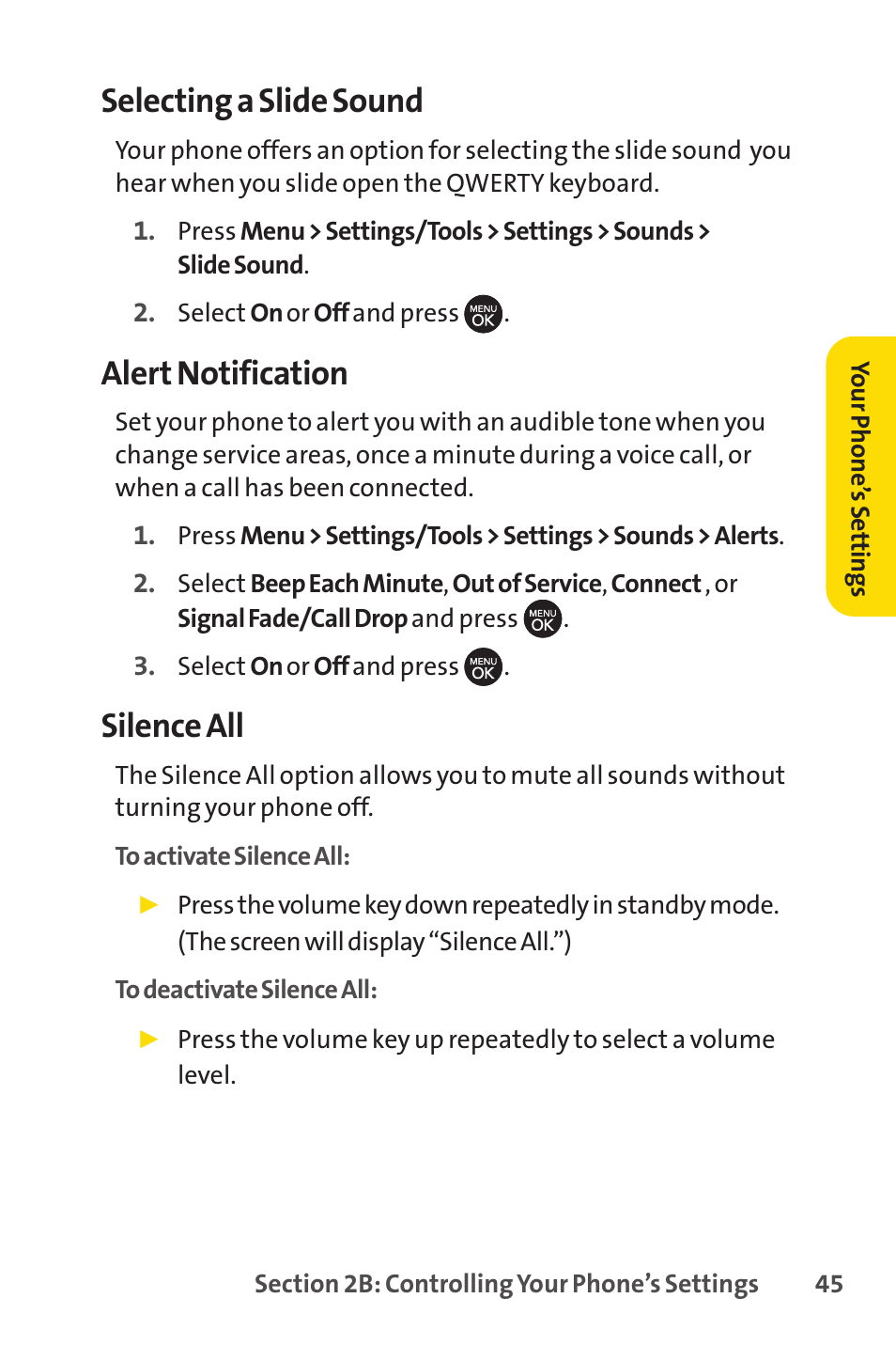 Selecting a slide sound, Alert notification, Silence all | Sprint Nextel H 11/07 User Manual | Page 62 / 219