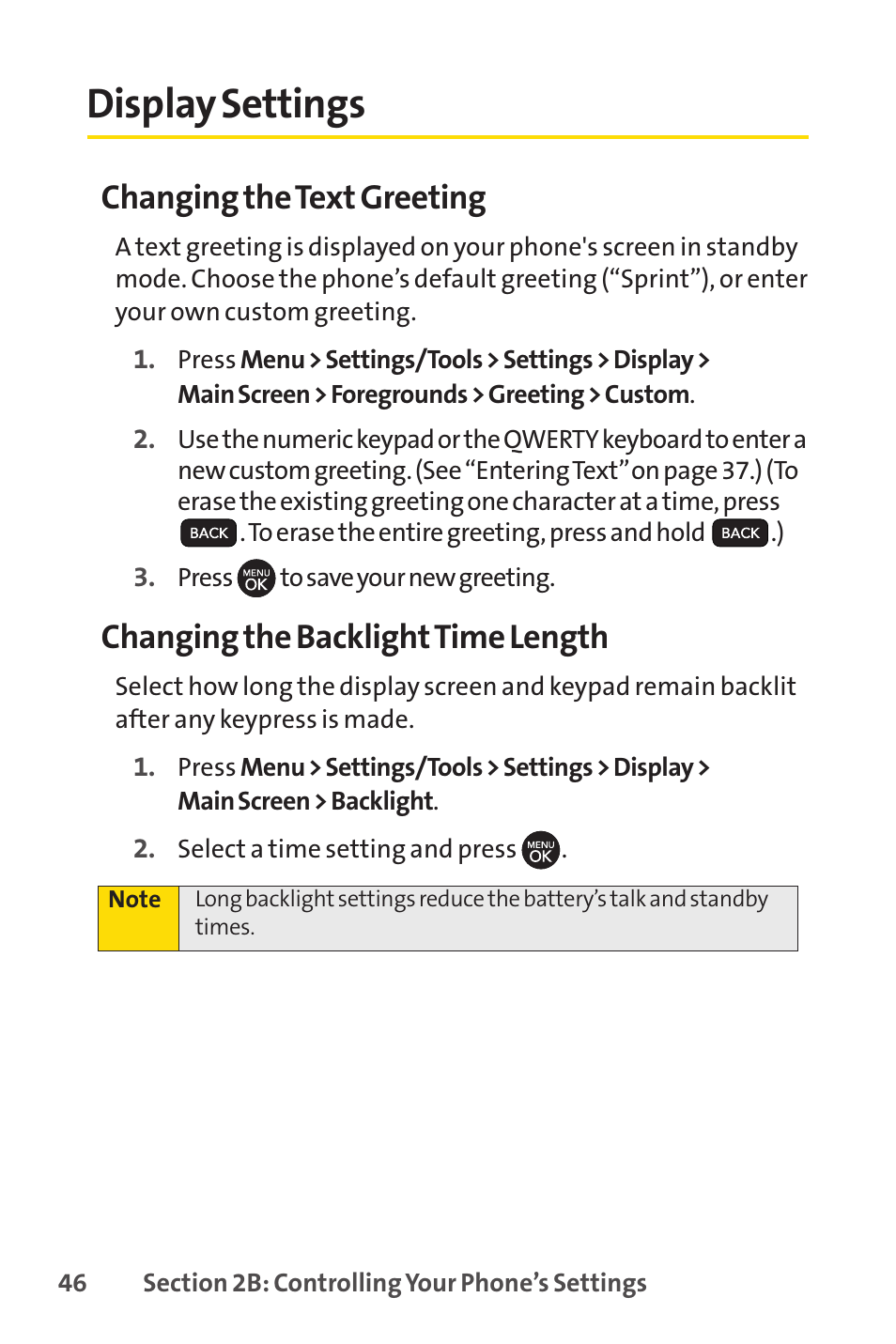 Display settings, Changing the text greeting, Changing the backlighttime length | Sprint Nextel H 11/07 User Manual | Page 63 / 219