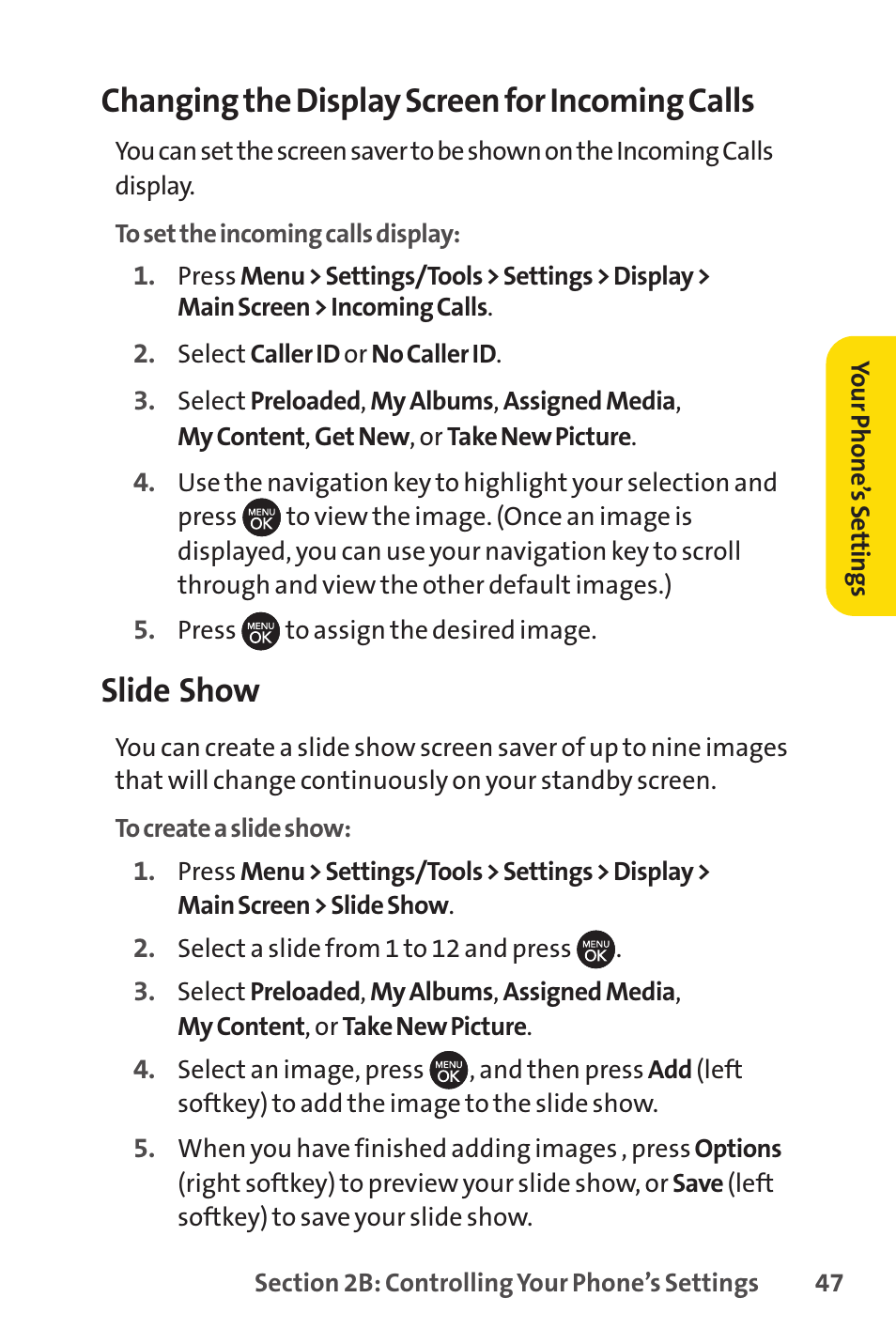 Changing the display screen for incoming calls, Slide show | Sprint Nextel H 11/07 User Manual | Page 64 / 219