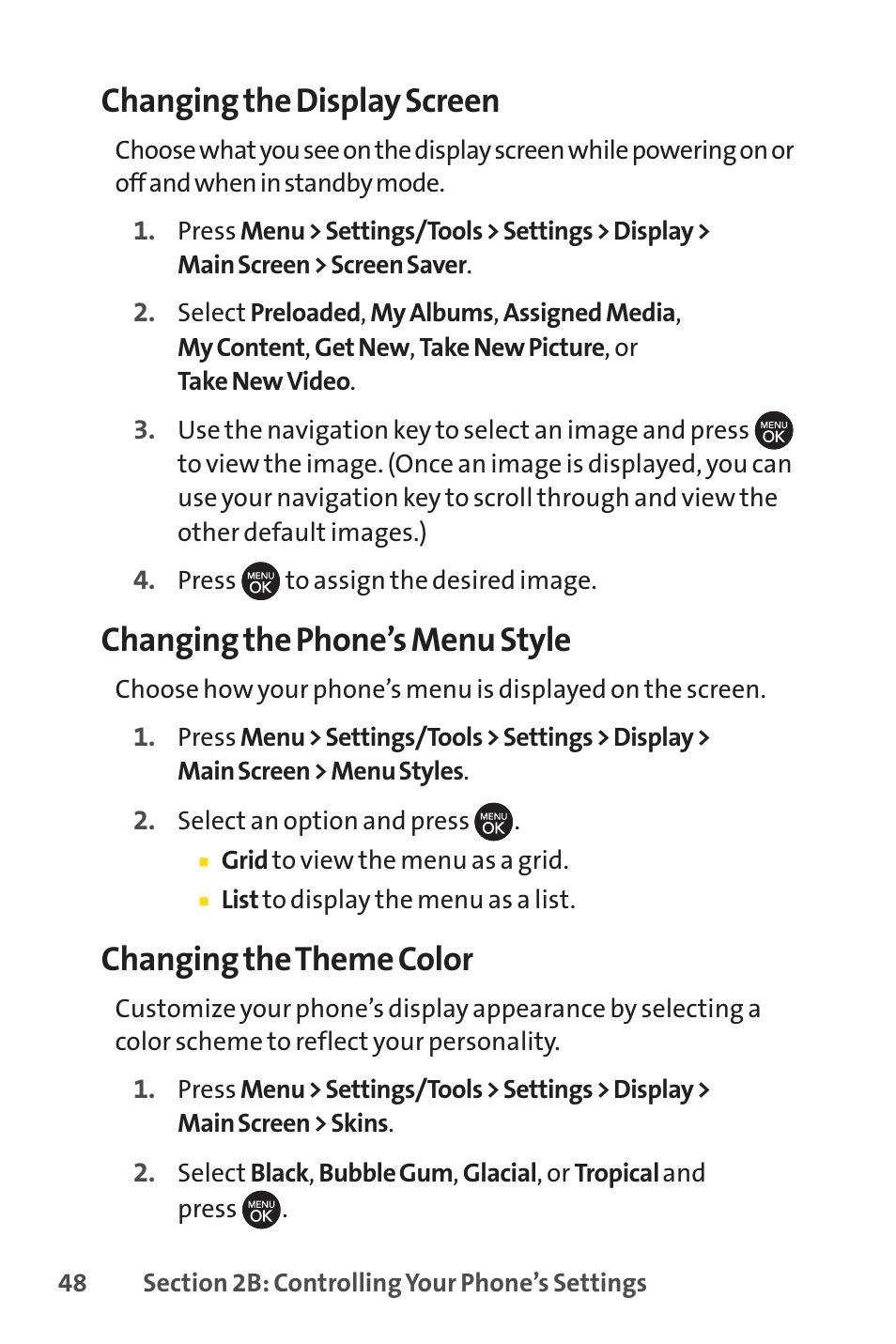 Changing the display screen, Changing the phone’s menu style, Changing the theme color | Sprint Nextel H 11/07 User Manual | Page 65 / 219