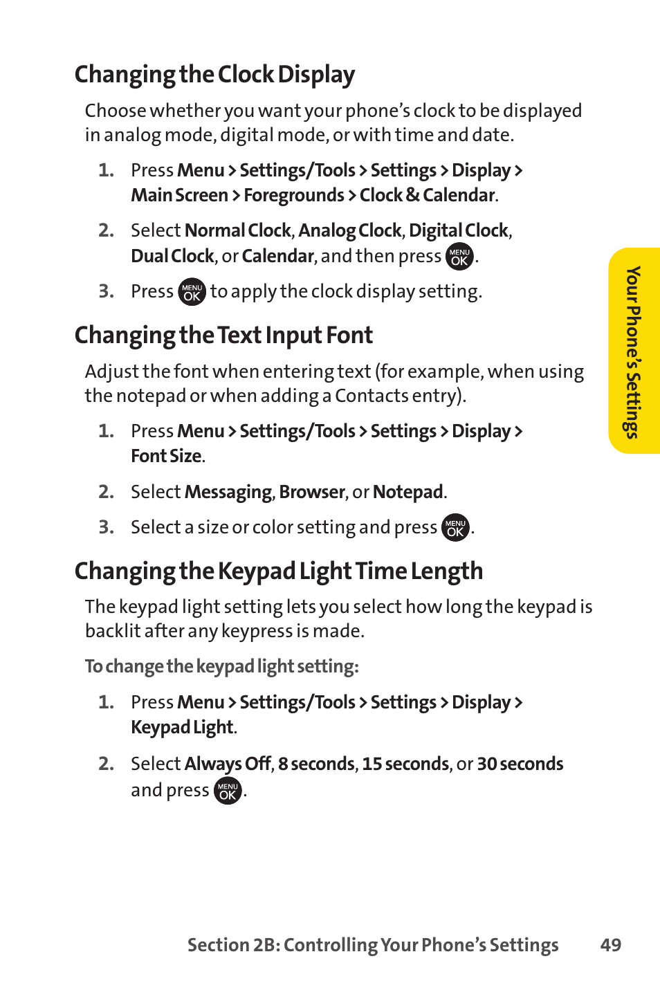 Changing the clock display, Changing the text input font, Changing the keypad lighttime length | Sprint Nextel H 11/07 User Manual | Page 66 / 219