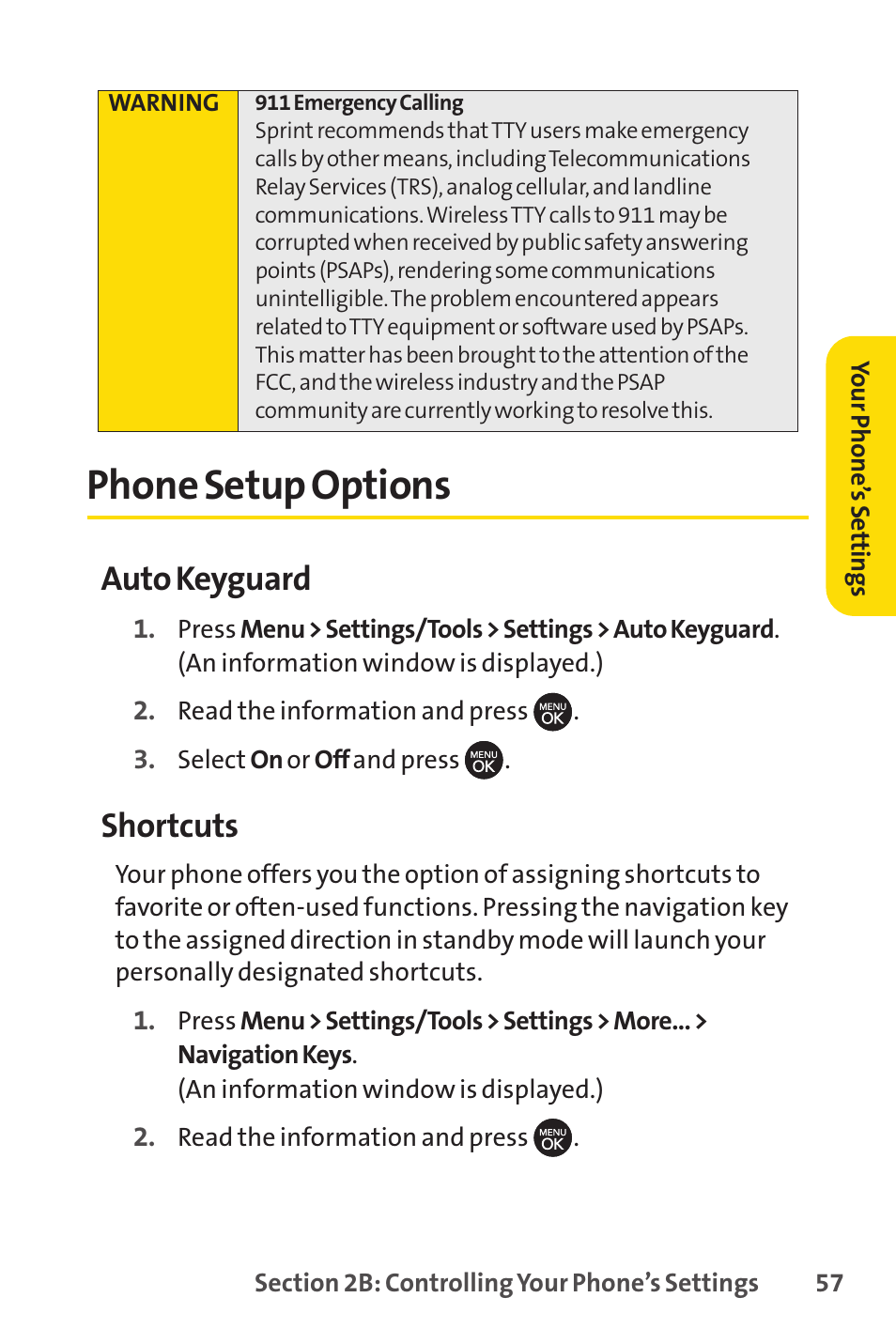 Phone setup options, Auto keyguard, Shortcuts | Sprint Nextel H 11/07 User Manual | Page 74 / 219